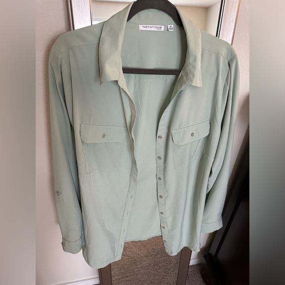 Notations Slaying Button Down Top in Sage - Picture 2 of 6